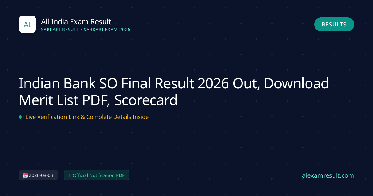 Indian Bank SO Final Result 2026 Out, Download Merit List PDF, Scorecard